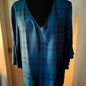 A.N.A blue Plaid Blouse Bell 3/4 sleeve V neck100% Rayon NWT